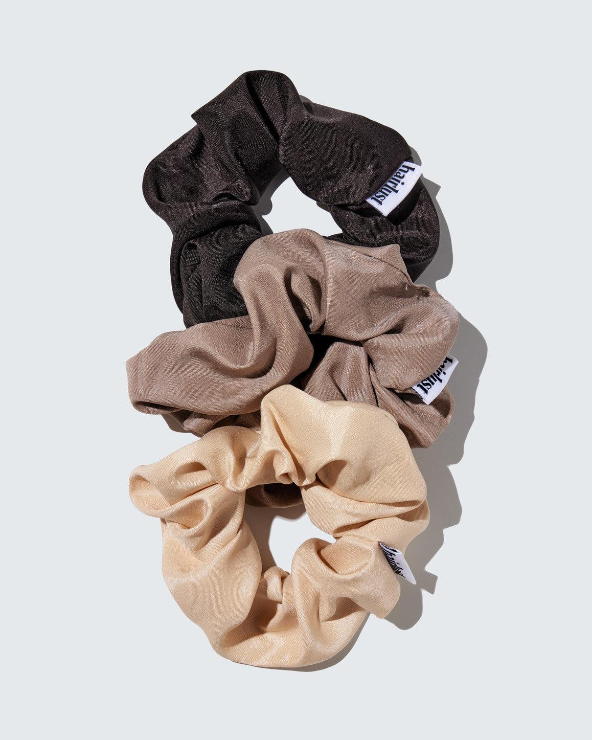 Hairlust Satin Silk Scrunchies – hårstrikk i sateng, 3-pakning