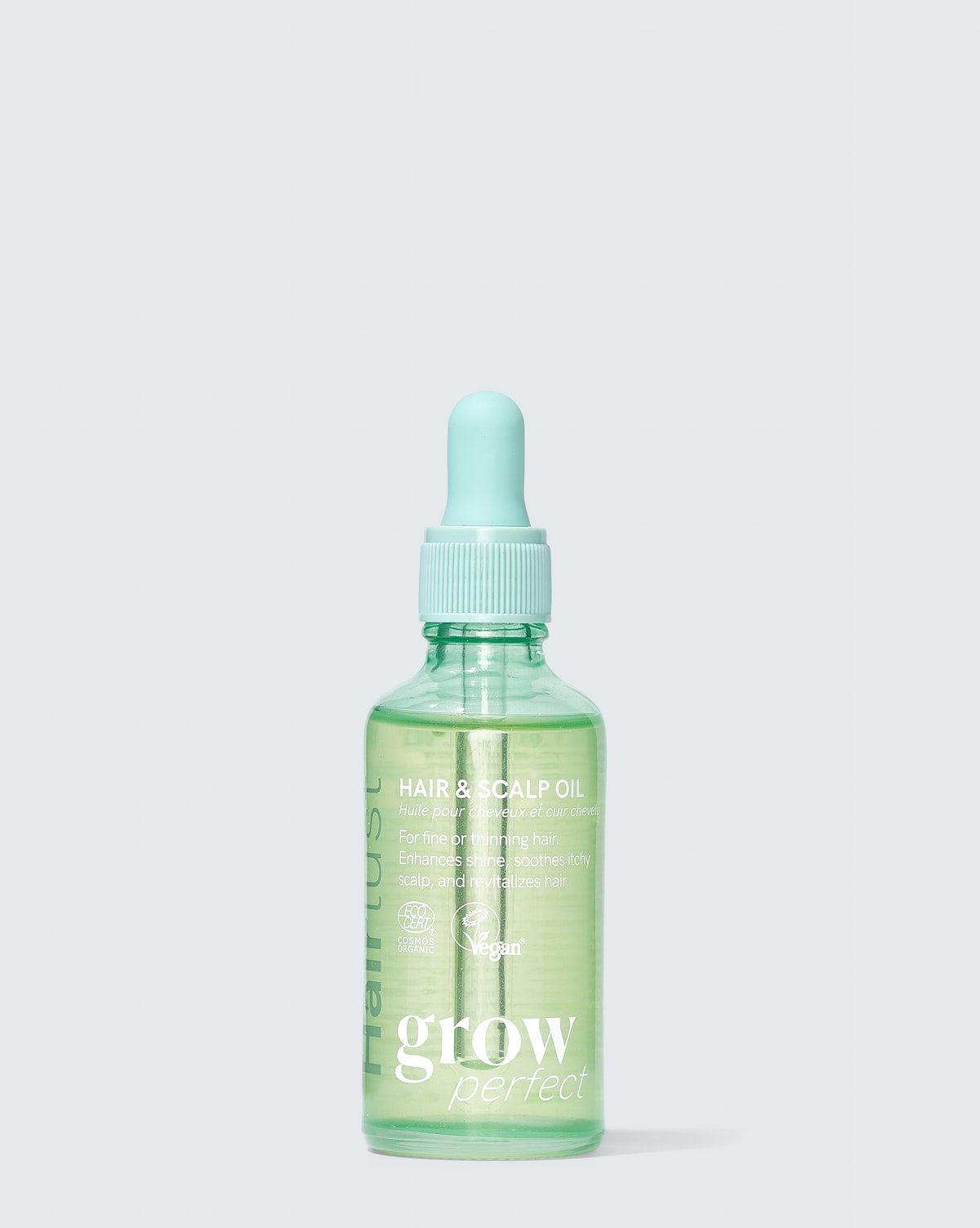 Hairlust Grow Perfect Hair & Scalp Oil i brun glassflaske med pipette