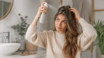 Tørrshampoo i flaske og pudderform på hylle