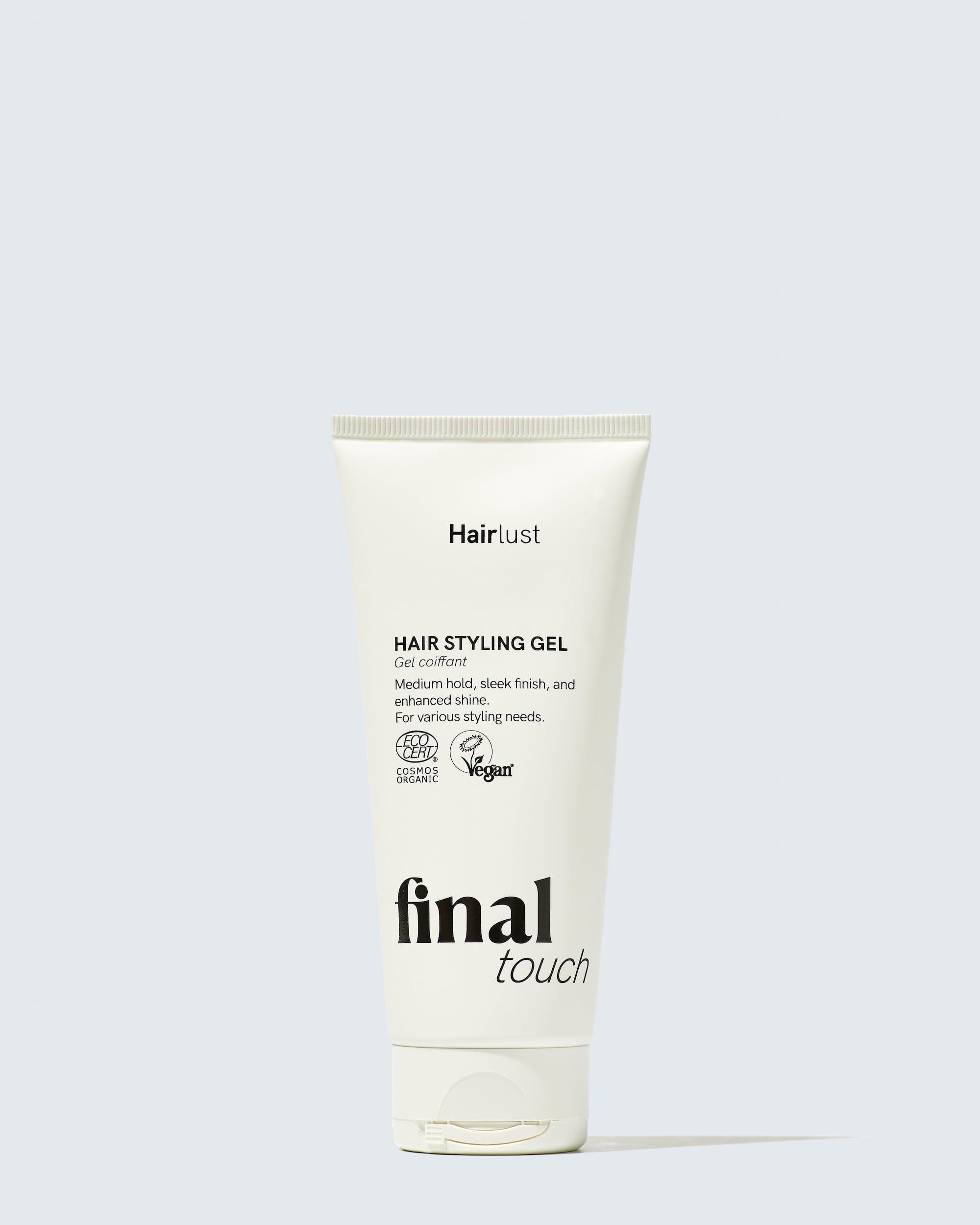 Hairlust Final Touch Hair Styling Gel — hårgelé med fleksibelt hold og glansfull finish i hvit pumpeflaske